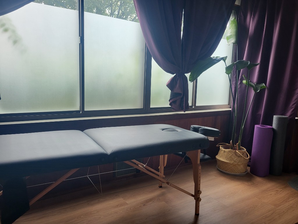 Treatment room with a treatment table, purple curtains, and frosted window